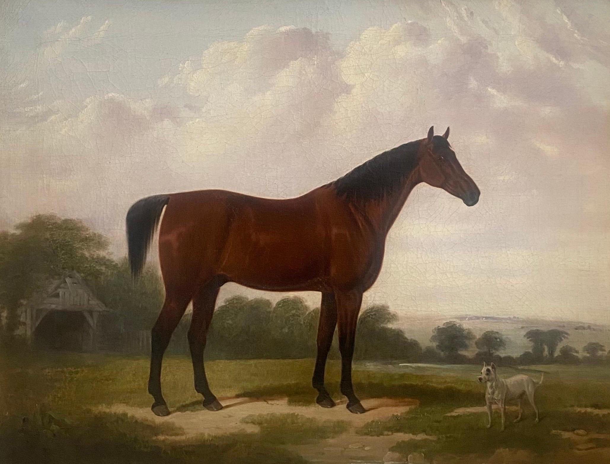 19th century English School, Bay Horse and a Terrier in a Landscape - Painting by Unknown