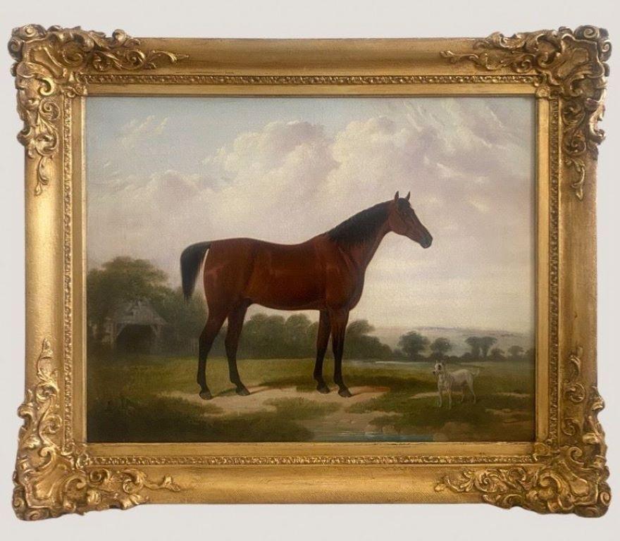 19th century English School, Bay Horse and a Terrier in a Landscape
