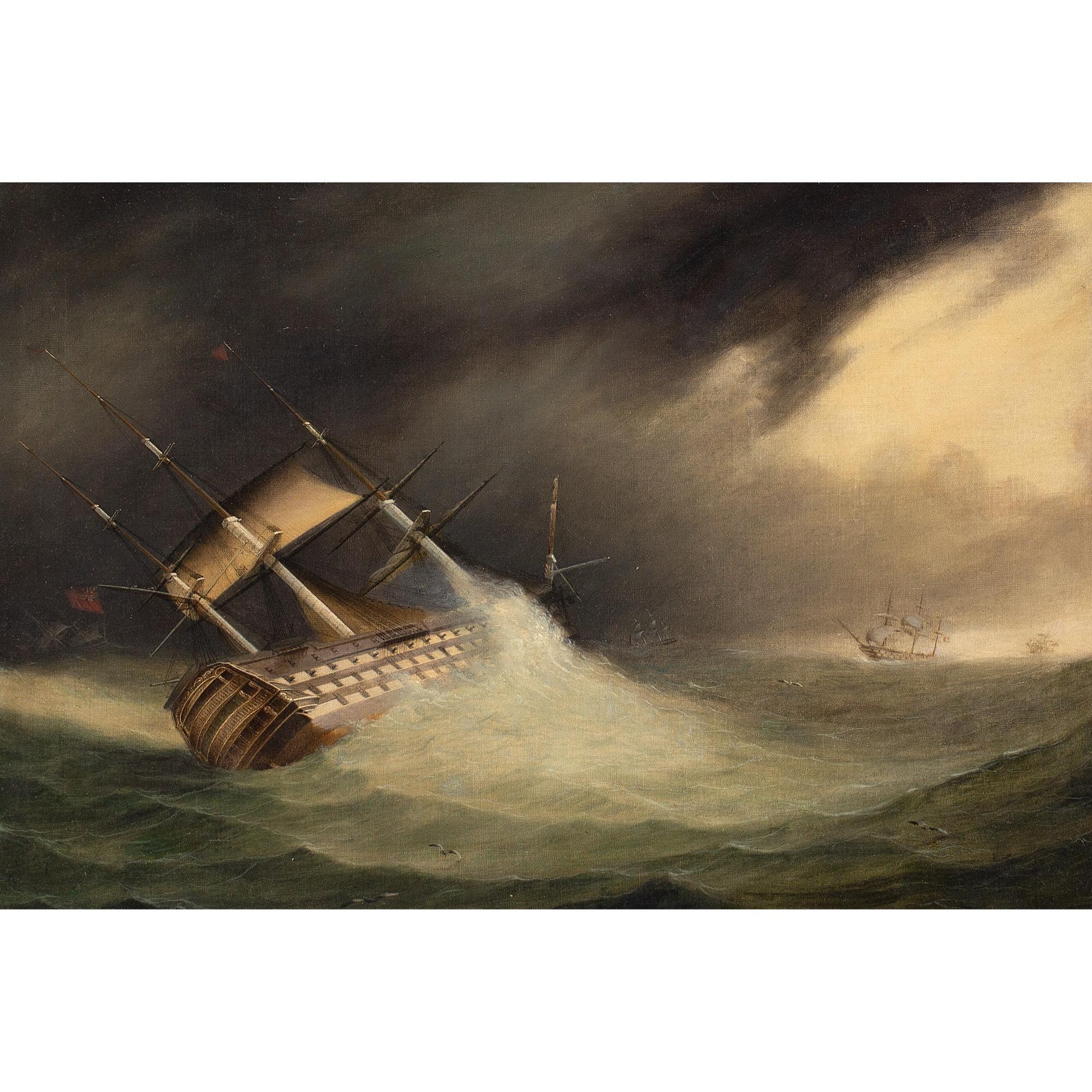 École anglaise du 19e siècle, HMS Hibernia dans des eaux agitées, peinture à l'huile - Painting de Unknown