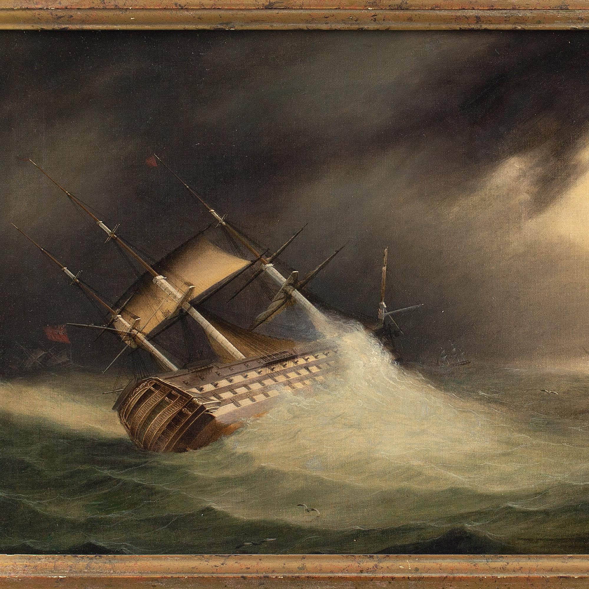 Cette impressionnante peinture à l'huile du milieu du XIXe siècle réalisée par l'artiste britannique T Jones représente le HMS Hibernia dans des conditions turbulentes au large du cap Finisterre, en Espagne. C'est une pièce splendide qui capture la
