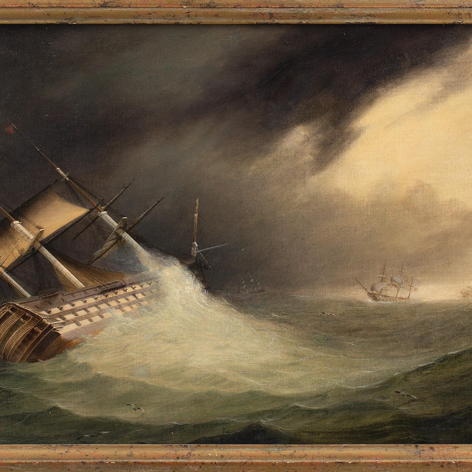 École anglaise du 19e siècle, HMS Hibernia dans des eaux agitées, peinture à l'huile 1