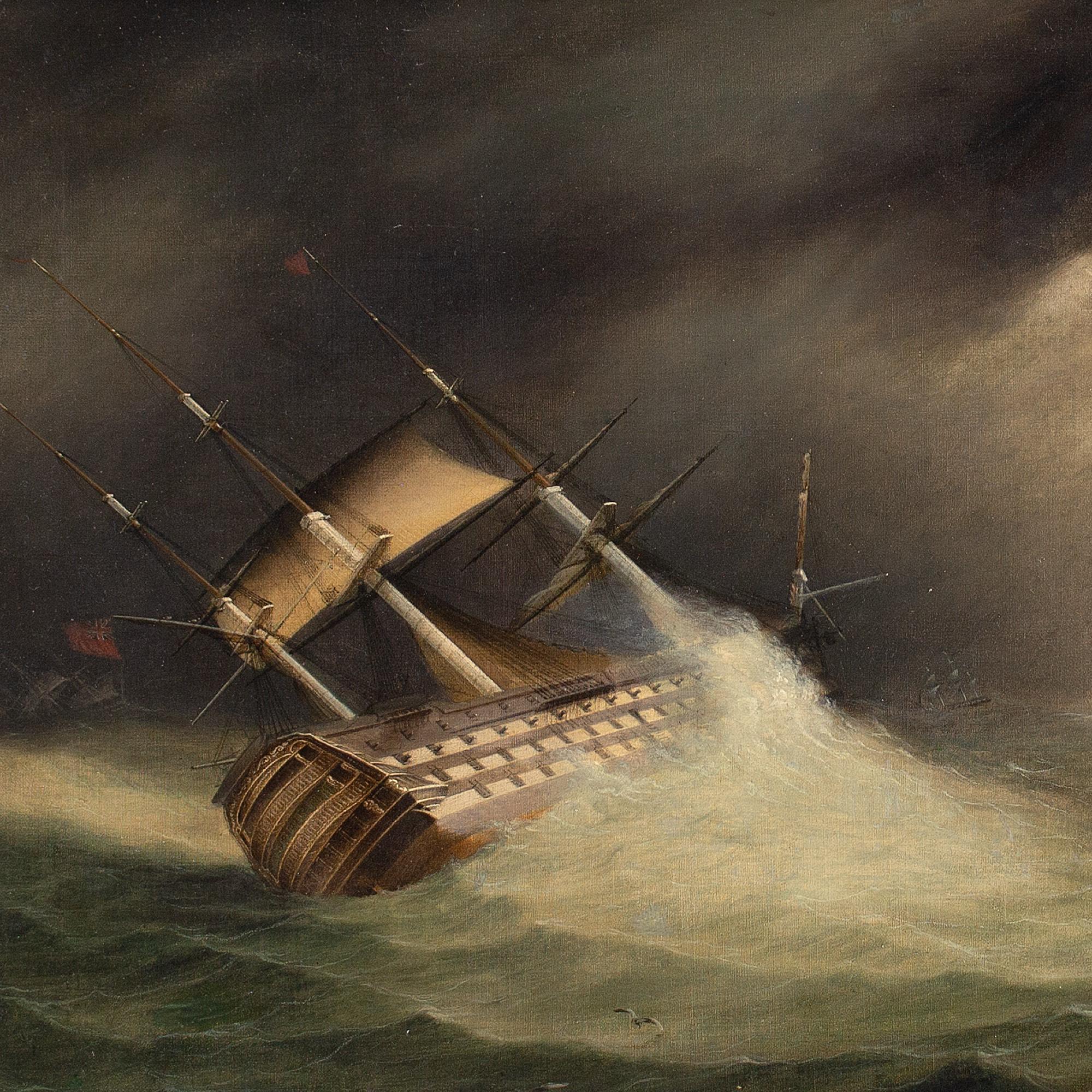 École anglaise du 19e siècle, HMS Hibernia dans des eaux agitées, peinture à l'huile 2