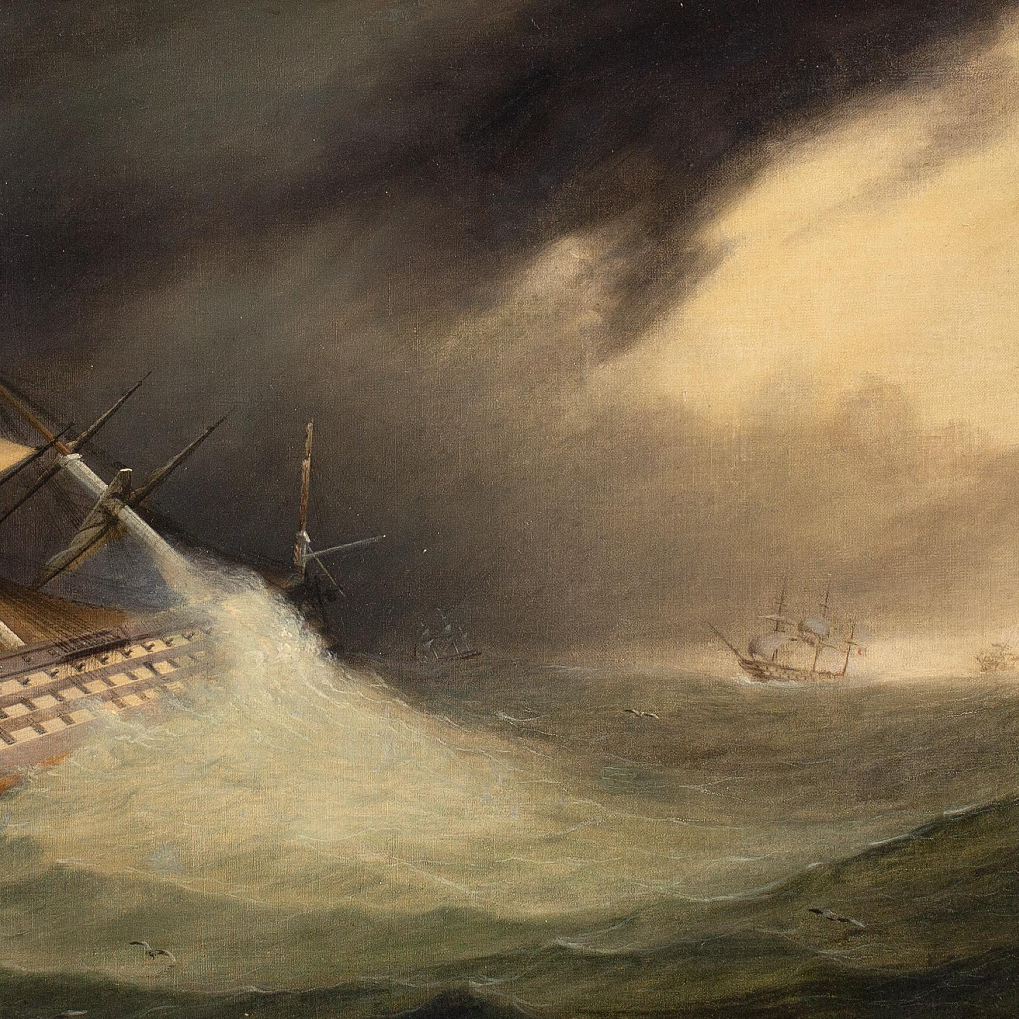 École anglaise du 19e siècle, HMS Hibernia dans des eaux agitées, peinture à l'huile 3