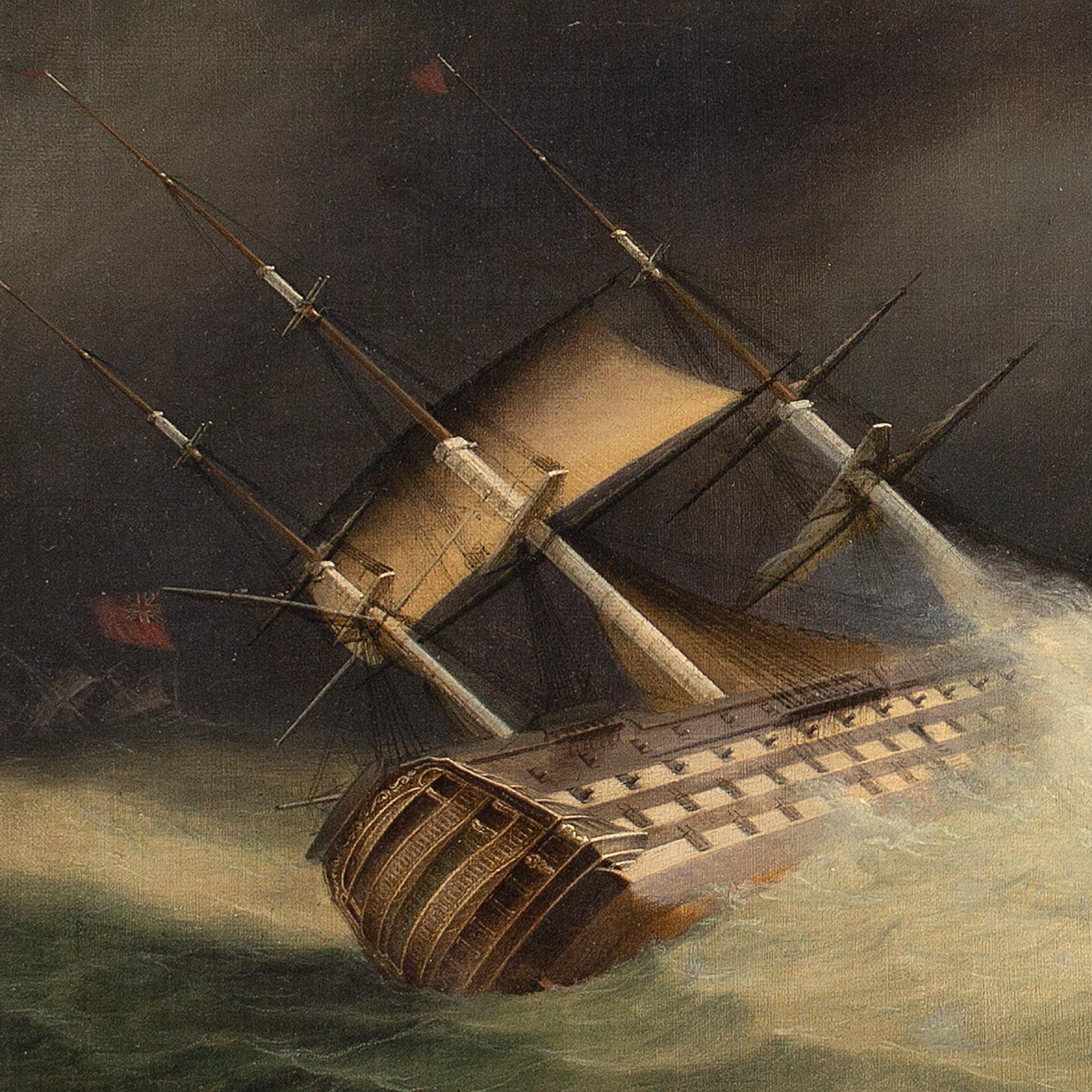 École anglaise du 19e siècle, HMS Hibernia dans des eaux agitées, peinture à l'huile 4
