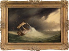 Antique 19th-Century English School, HMS Hibernia In Choppy Waters, Oil Painting