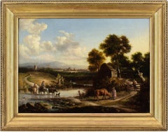Antique 19th-Century English School, Landscape With Cattle Crossing A Ford