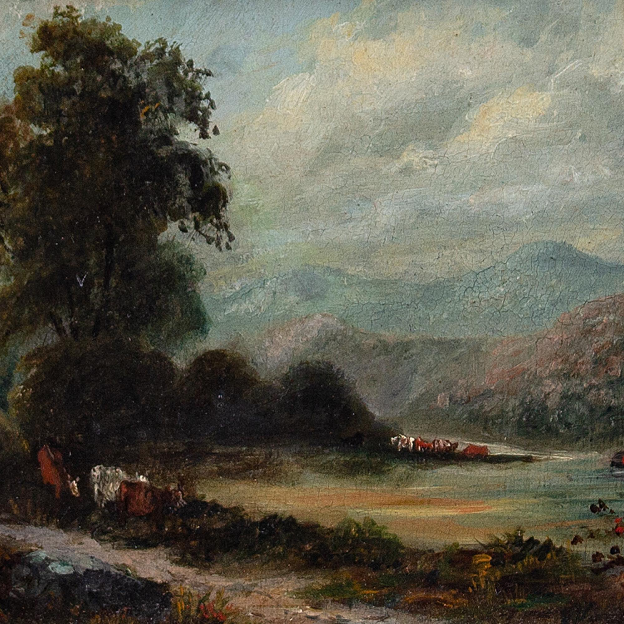 This charming mid-19th-century oil study on panel depicts a river landscape with cattle and distant mountains. It’s probably a view on the continent, perhaps the Rhine Valley.

The artist would have studied this from nature and worked directly on