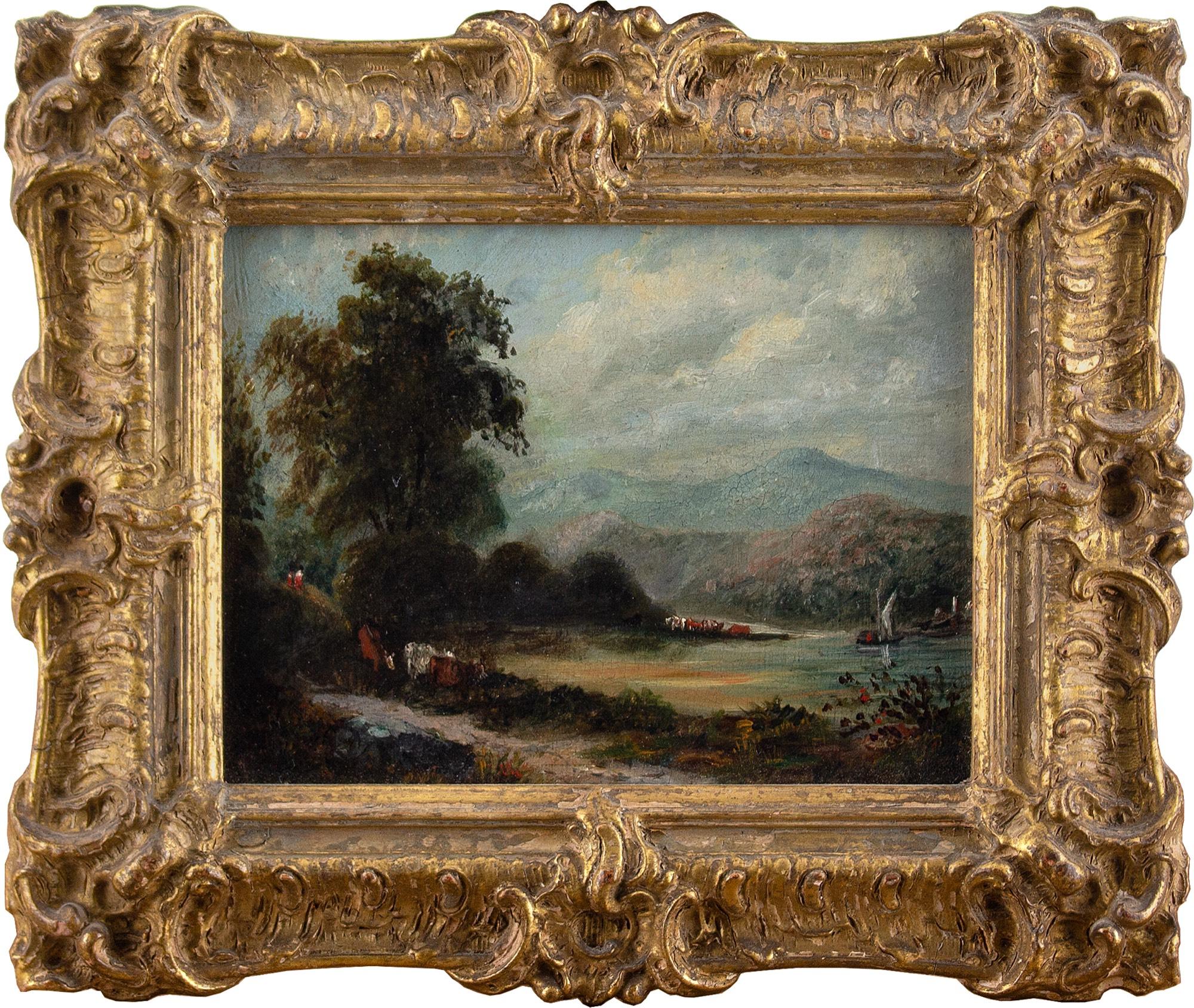Unknown Landscape Painting - 19th-Century English School, Oil Study With Cattle Drovers, Oil Painting