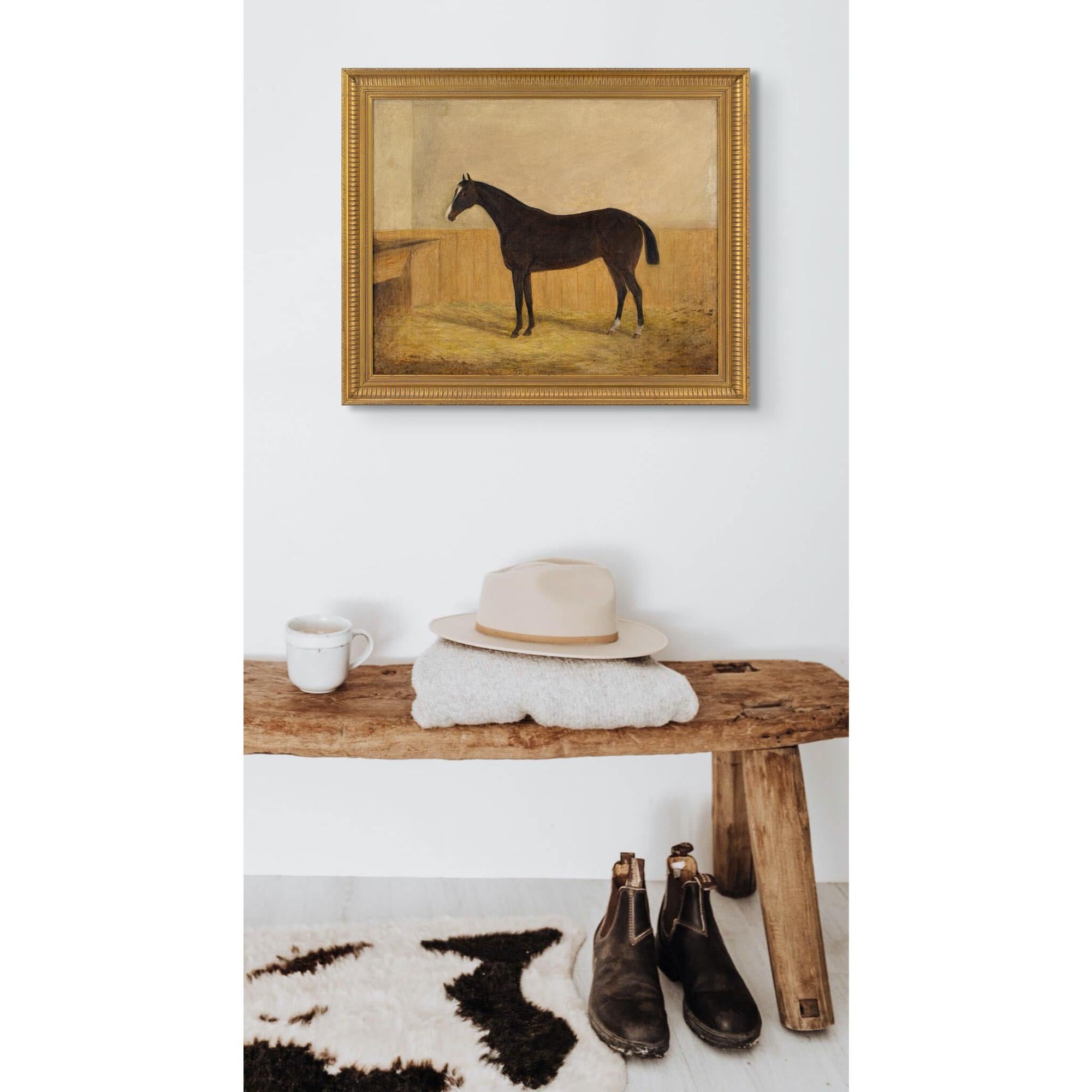 This charming mid-19th-century English oil painting depicts a bay mare within a stable.

Victorians adored their horses, particularly the aristocracy who filled their walls with images of their beloved equines. They were significant members of the