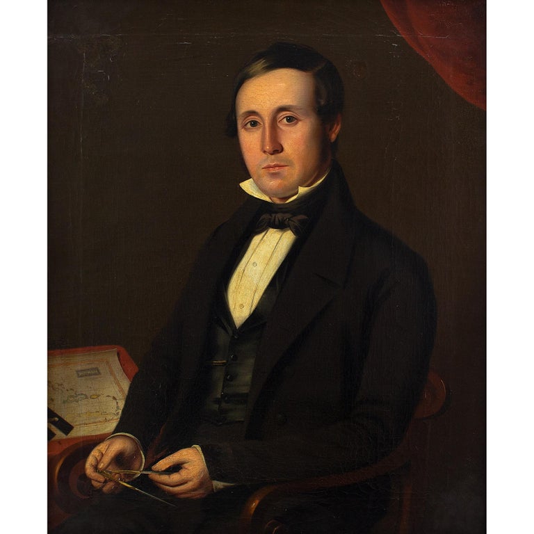 This fine mid-19th-century portrait depicts a dapper gentleman wearing a black coat, black waistcoat, white shirt and black necktie. A map of the West Indies rests on his desk and he holds a compass with both hands. Given the clues, it’s plausible