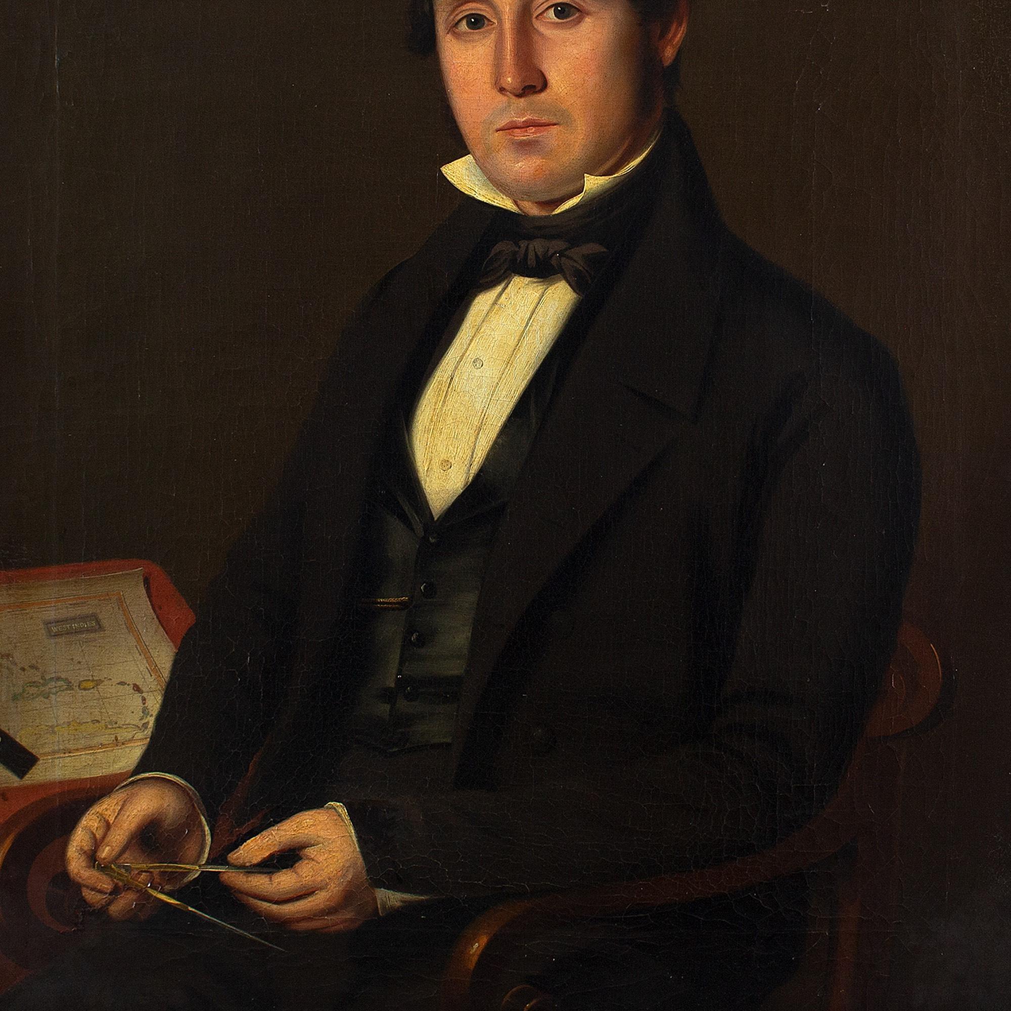 This fine mid-19th-century portrait depicts a dapper gentleman wearing a black coat, black waistcoat, white shirt and black necktie. A map of the West Indies rests on his desk and he holds a compass with both hands. Given the clues, it’s plausible