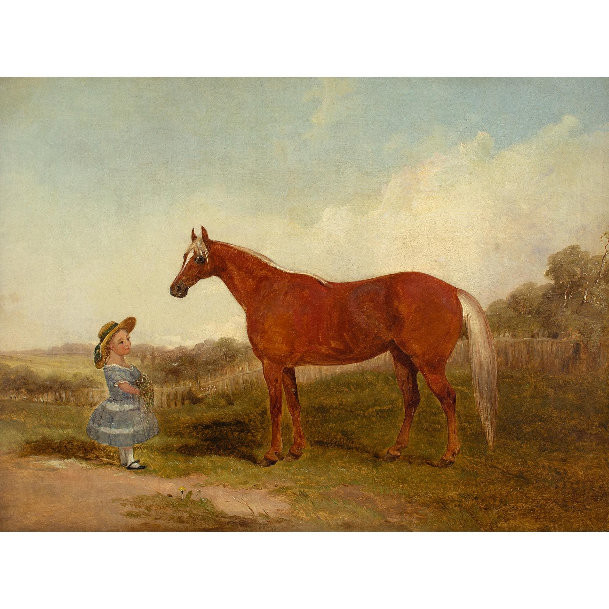 This adorable mid-19th-century English School oil painting depicts a young girl and chestnut horse before a landscape.

Standing quietly within the picturesque scenery of the family estate, a girl and her beloved horse. She knows it well, probably