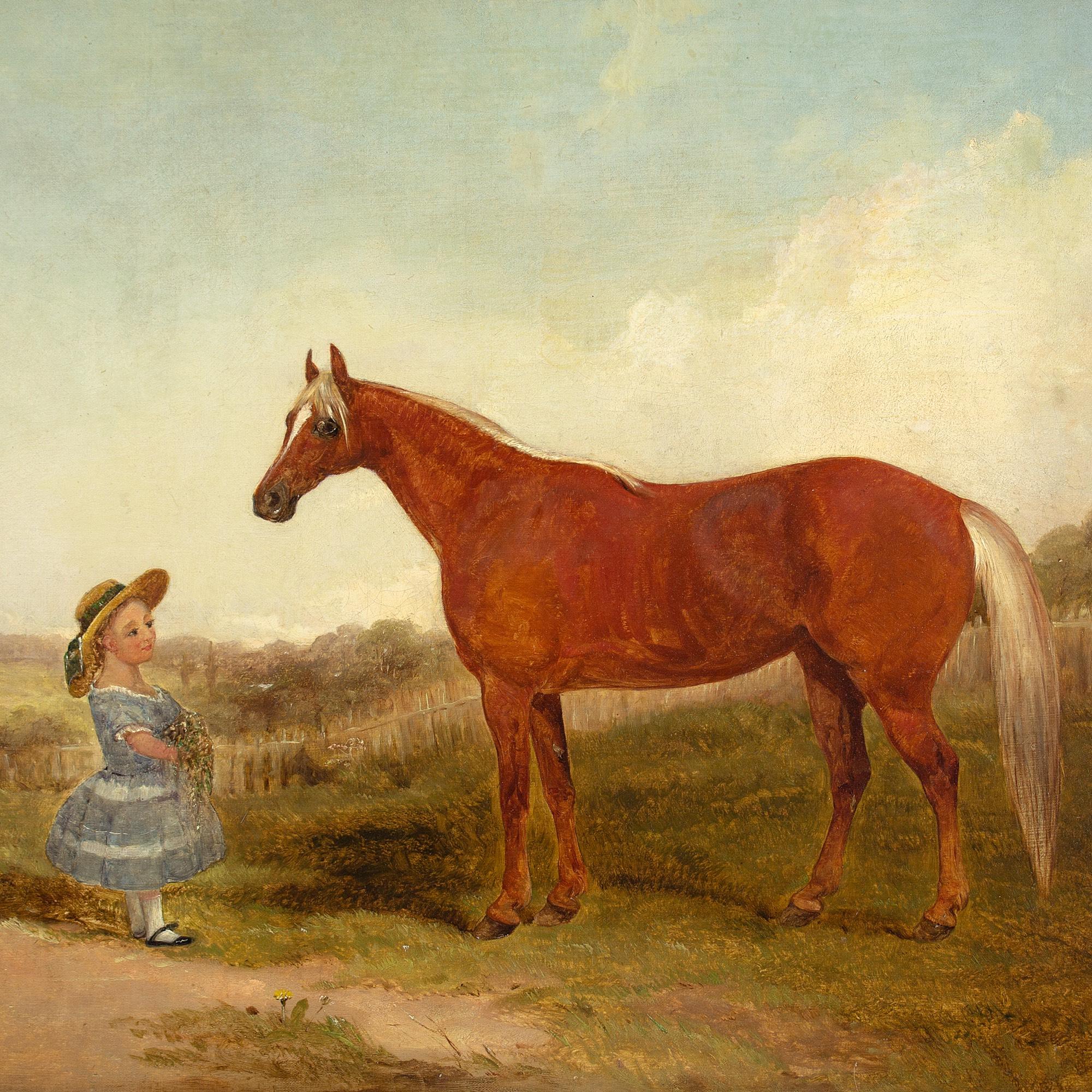 19th-Century English School, Portrait Of A Chestnut Horse & Girl, Oil Painting 3