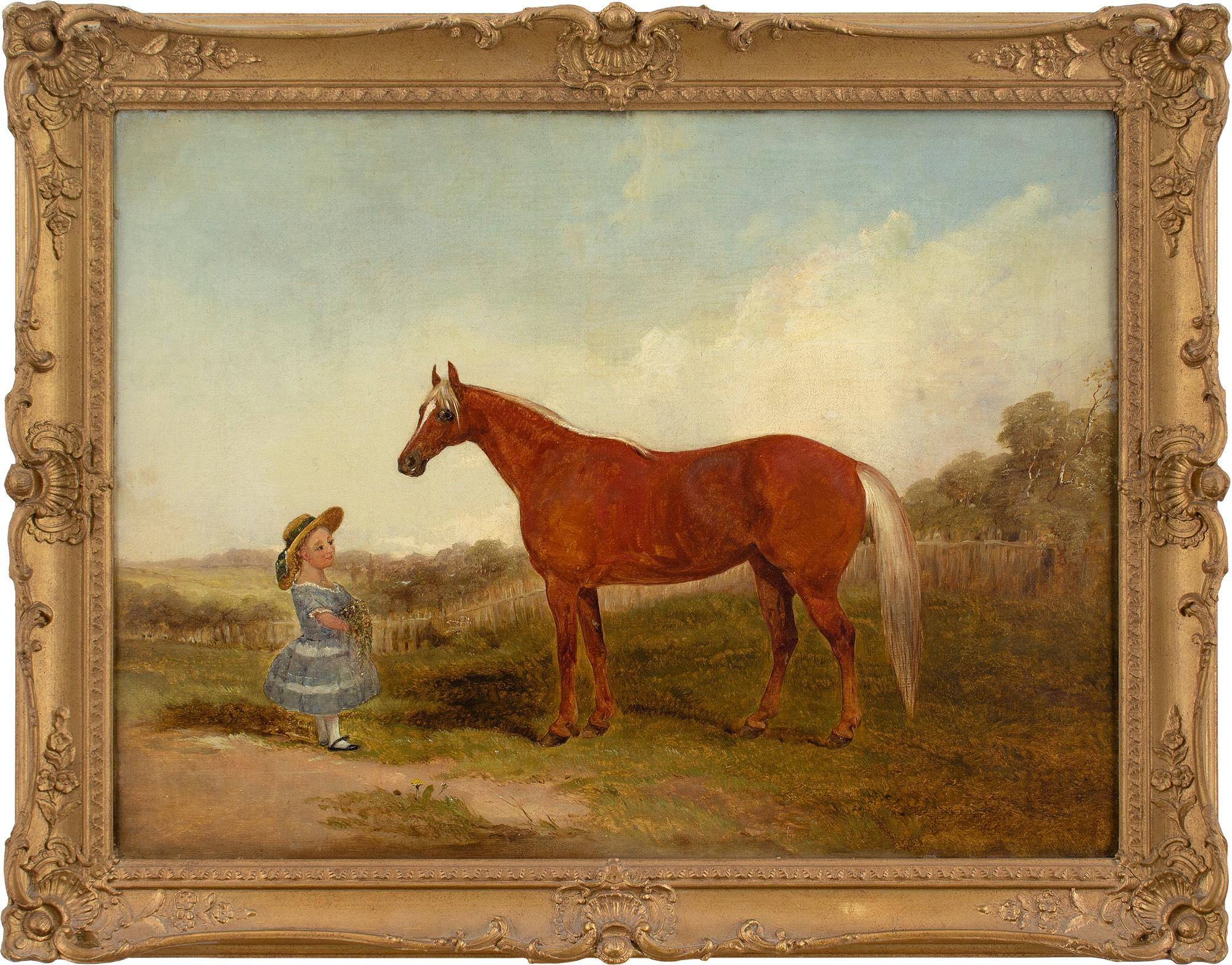 Unknown Animal Painting - 19th-Century English School, Portrait Of A Chestnut Horse & Girl, Oil Painting 
