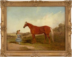 Antique 19th-Century English School, Portrait Of A Chestnut Horse & Girl, Oil Painting 