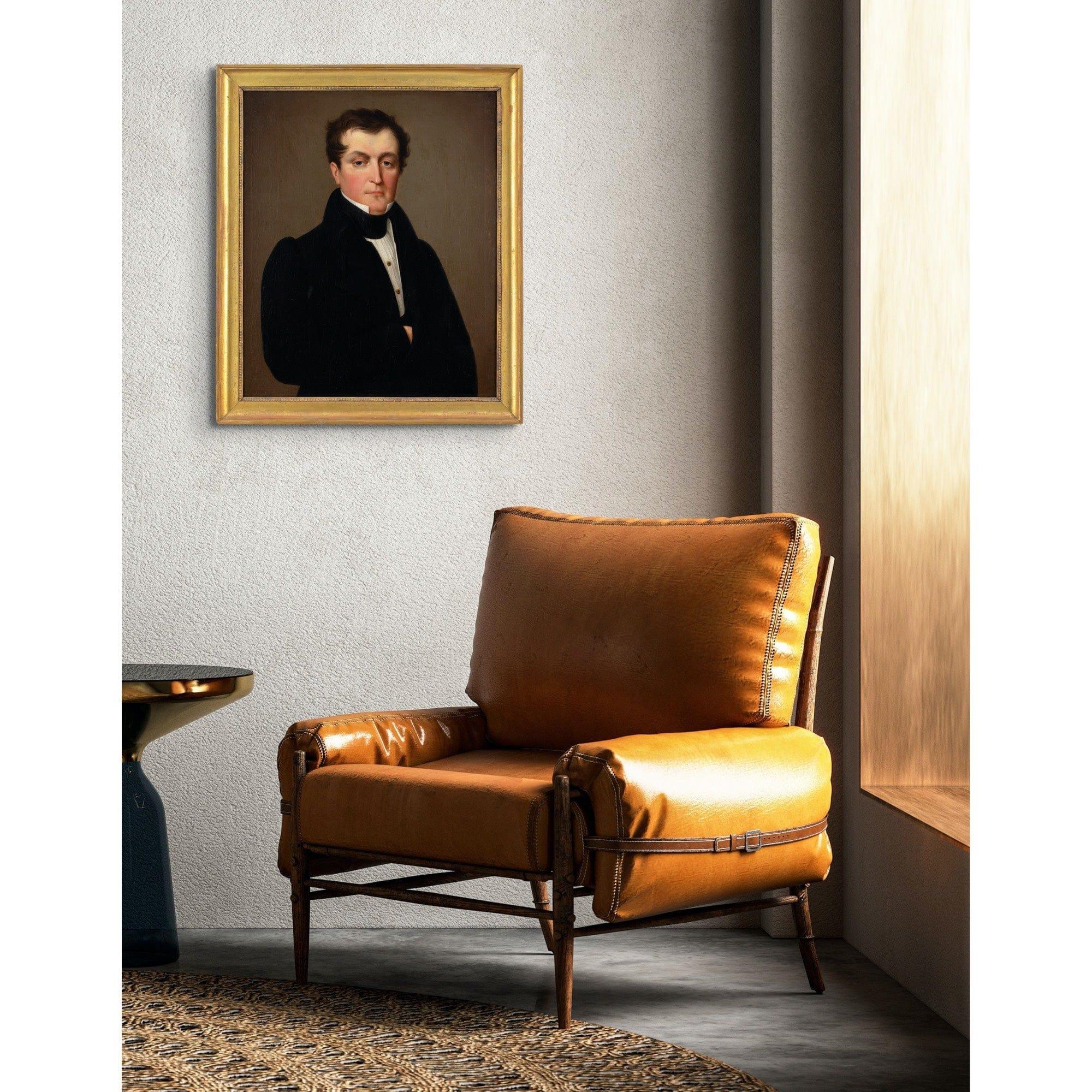 This characterful mid-19th-century English oil painting depicts a smartly attired gentleman wearing a black tailcoat, white shirt with an upstanding collar, black waistcoat and black stock. His hair is styled in a deliberately nonchalant fashion to