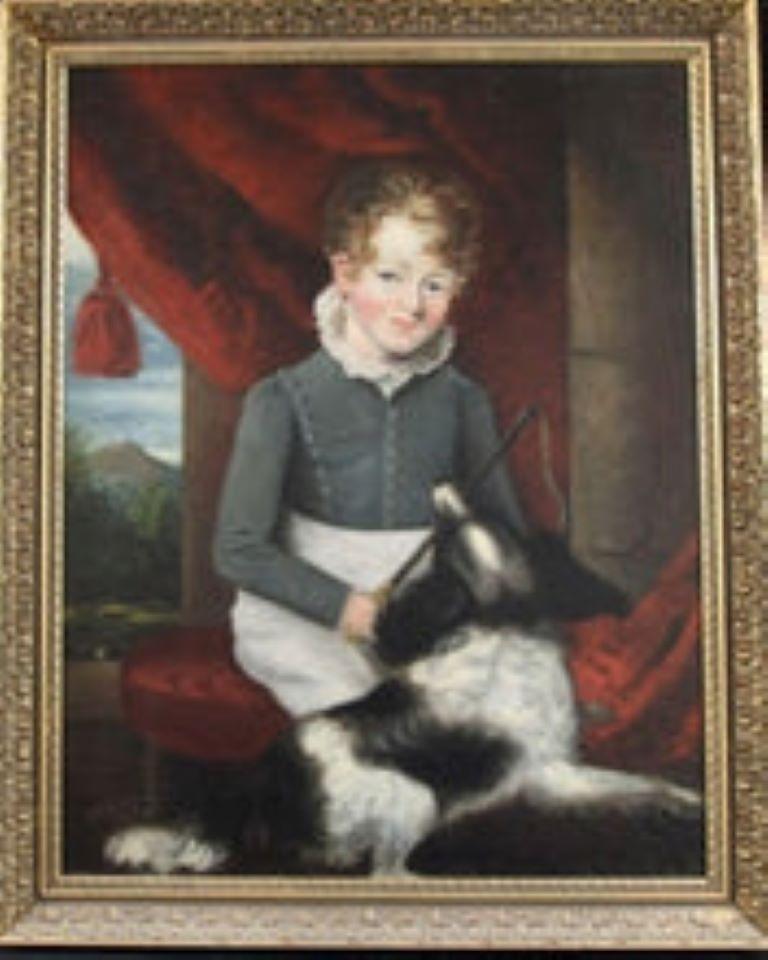 Englisches Schulporträt eines Gentleman des 19. Jahrhunderts, mit Reiterkrepp und Hund – Painting von Unknown