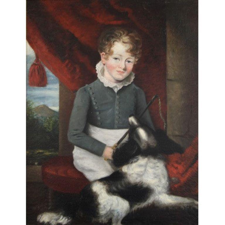 Englisches Schulporträt eines Gentleman des 19. Jahrhunderts, mit Reiterkrepp und Hund (Schwarz), Portrait Painting, von Unknown