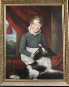 Portrait d'un Gentleman de l'école anglaise du 19e siècle, avec cavalier et chien