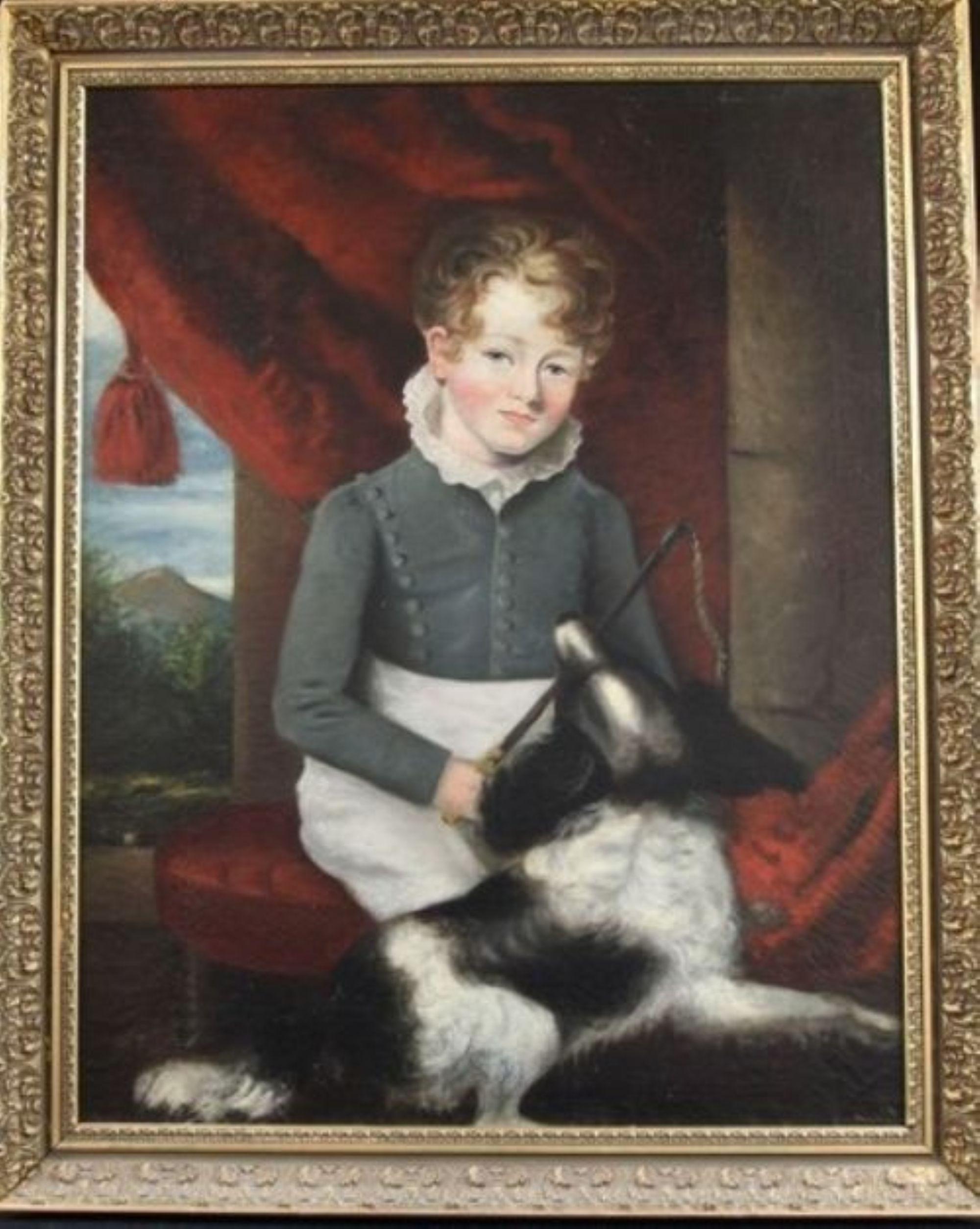 Unknown Portrait Painting – Englisches Schulporträt eines Gentleman des 19. Jahrhunderts, mit Reiterkrepp und Hund