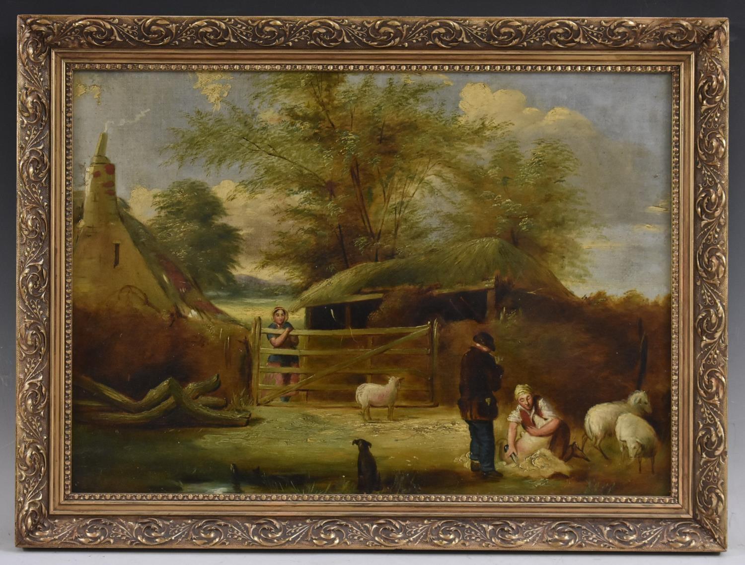Unknown Animal Painting - 19th Century English Victorian Farm Scene Sheep Shearing framed Oil Painting