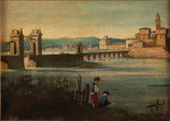 19th Century European Landscape: Bridge and Fishermen Oil Painting
