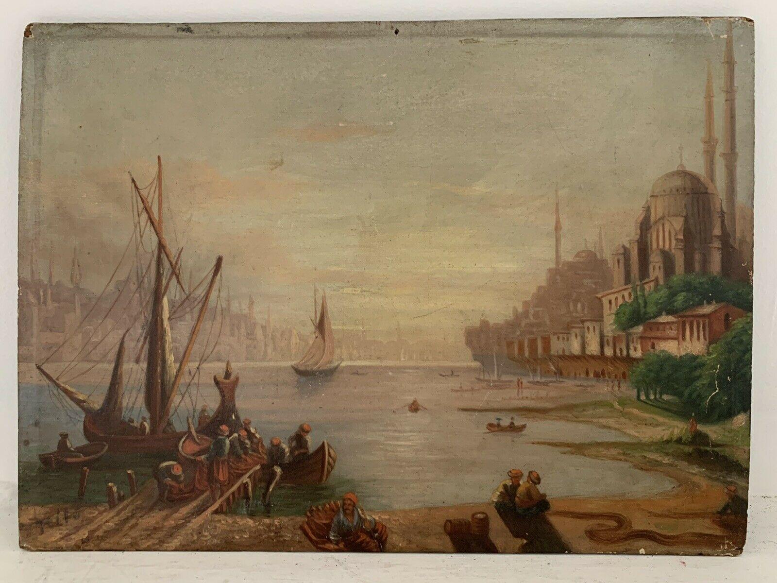 19th CENTURY EUROPEAN OIL ON WOOD PANEL - BUSY MERCHANT SHIPPING SUNSET SCENE - Painting by Unknown