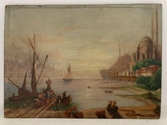 ÓLEO EUROPEO DEL SIGLO XIX SOBRE PANEL DE MADERA - BUSY MERCHANT SHIPPING SUNSET SCENE