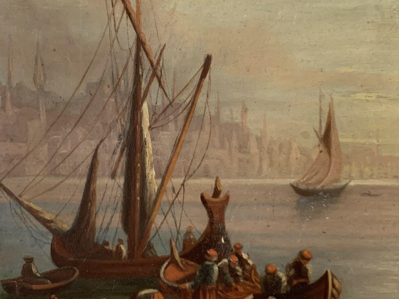 19th CENTURY EUROPEAN OIL ON WOOD PANEL - BUSY MERCHANT SHIPPING SUNSET SCENE - Victorian Painting by Unknown