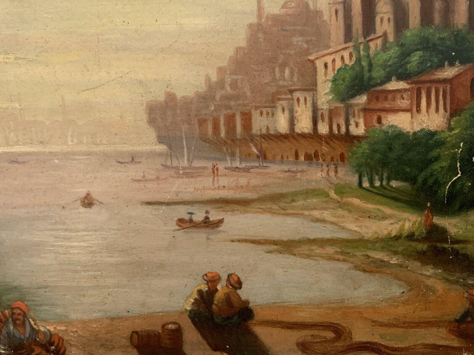 19th CENTURY EUROPEAN OIL ON WOOD PANEL - BUSY MERCHANT SHIPPING SUNSET SCENE For Sale 2
