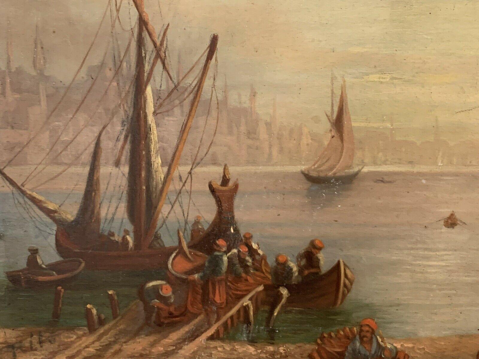19th CENTURY EUROPEAN OIL ON WOOD PANEL - BUSY MERCHANT SHIPPING SUNSET SCENE For Sale 3