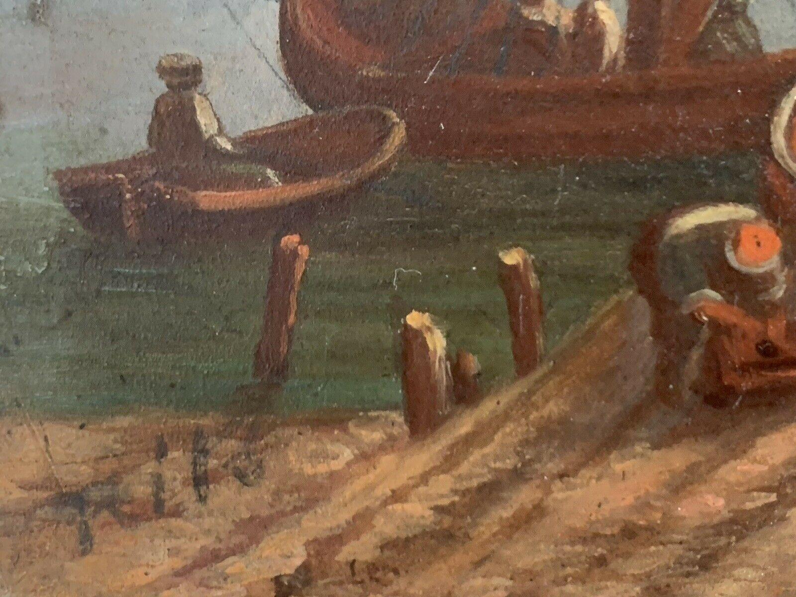19th CENTURY EUROPEAN OIL ON WOOD PANEL - BUSY MERCHANT SHIPPING SUNSET SCENE For Sale 4