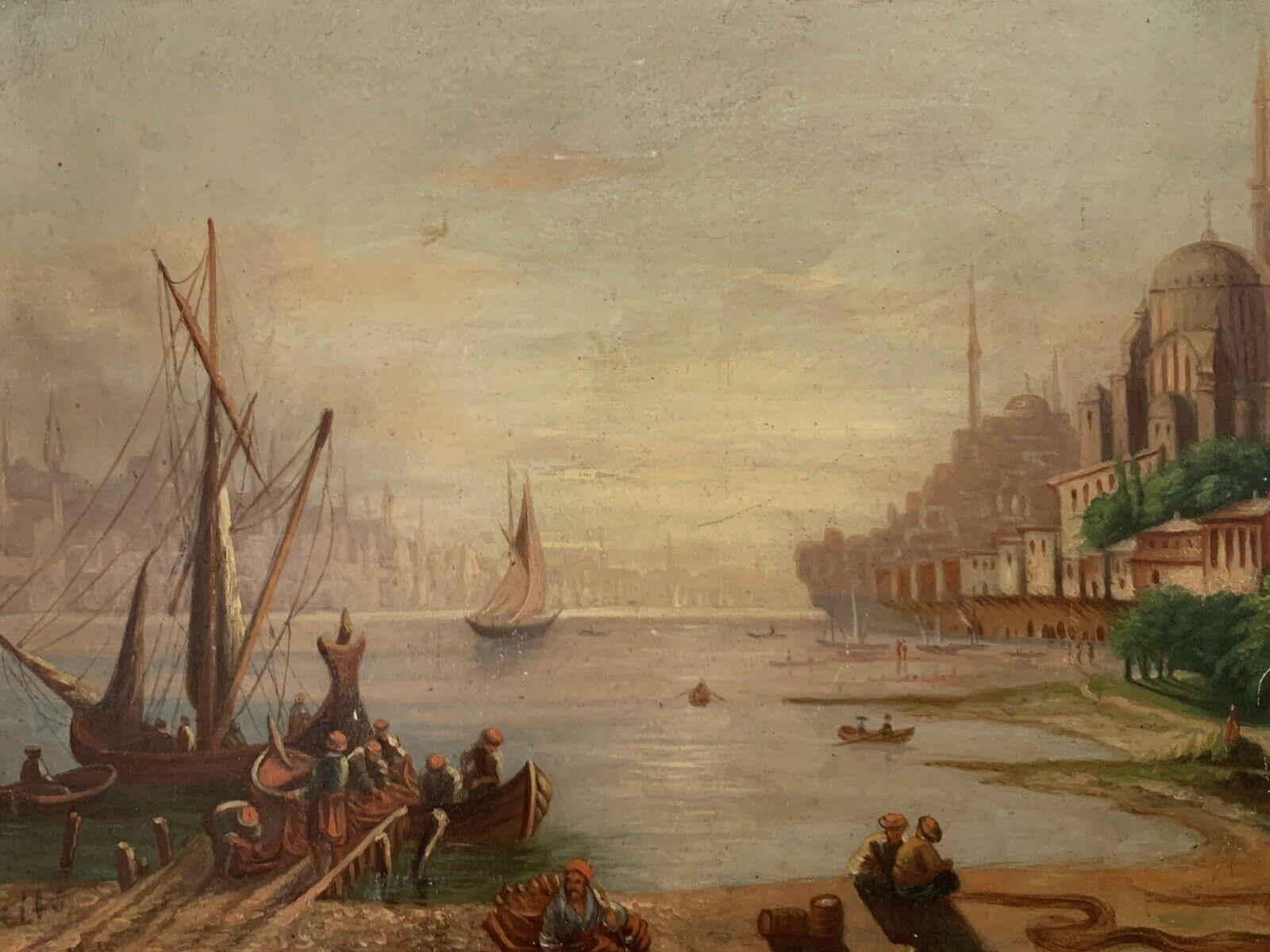 19th CENTURY EUROPEAN OIL ON WOOD PANEL - BUSY MERCHANT SHIPPING SUNSET SCENE