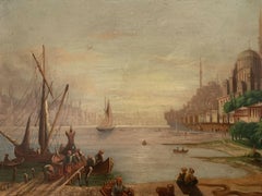 Antique 19th CENTURY EUROPEAN OIL ON WOOD PANEL - BUSY MERCHANT SHIPPING SUNSET SCENE