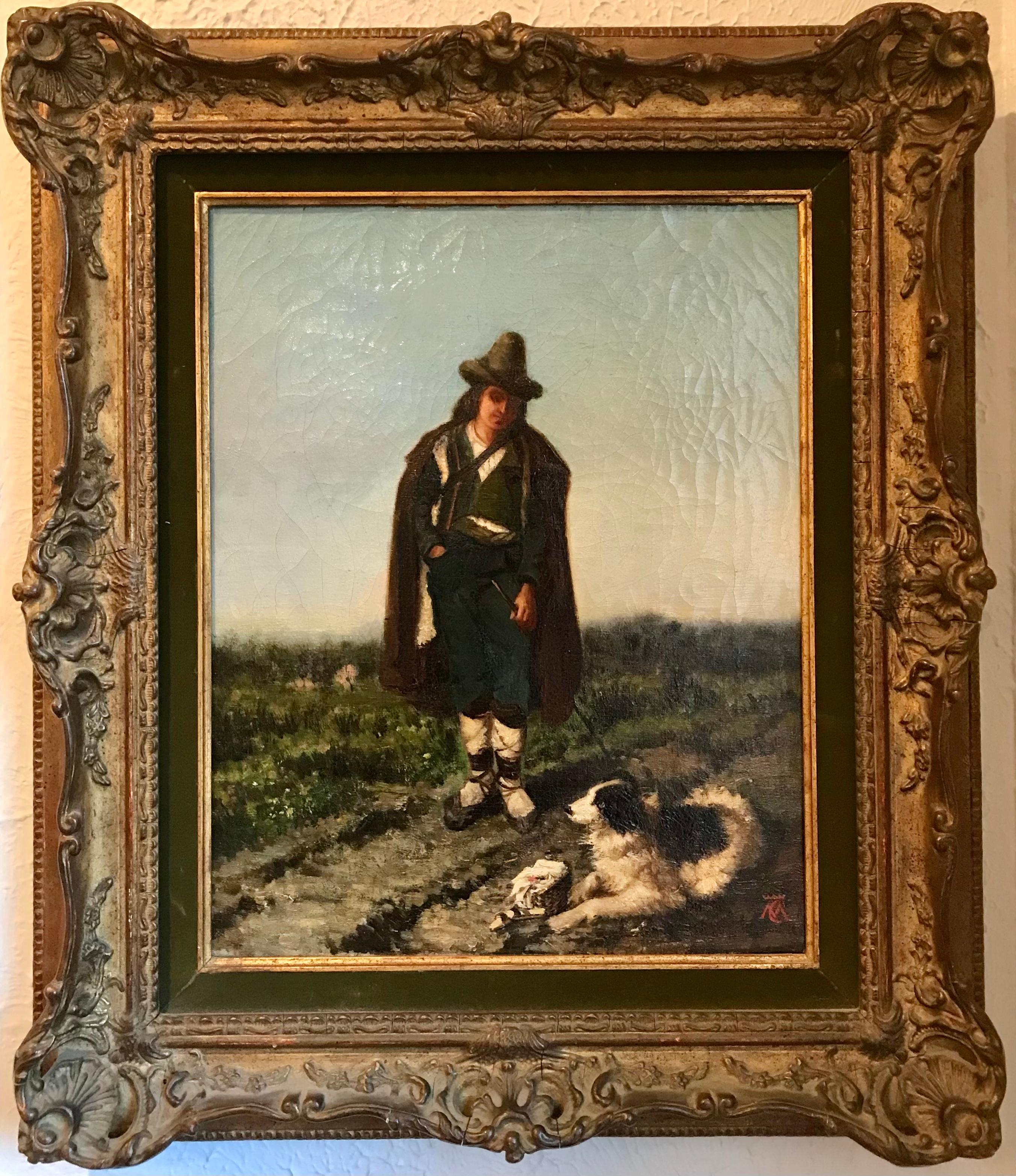 19th century european painting of a man and his dog in a field.

Signed with Crowned monogram MC or CM.

Oil on canvas. 

19th Century.

Framed.

The scene represents and man snd his dog passing a moment in a field. Imagination takes over