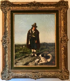 19th Century European Oil Painting of an Old Man and His Dog