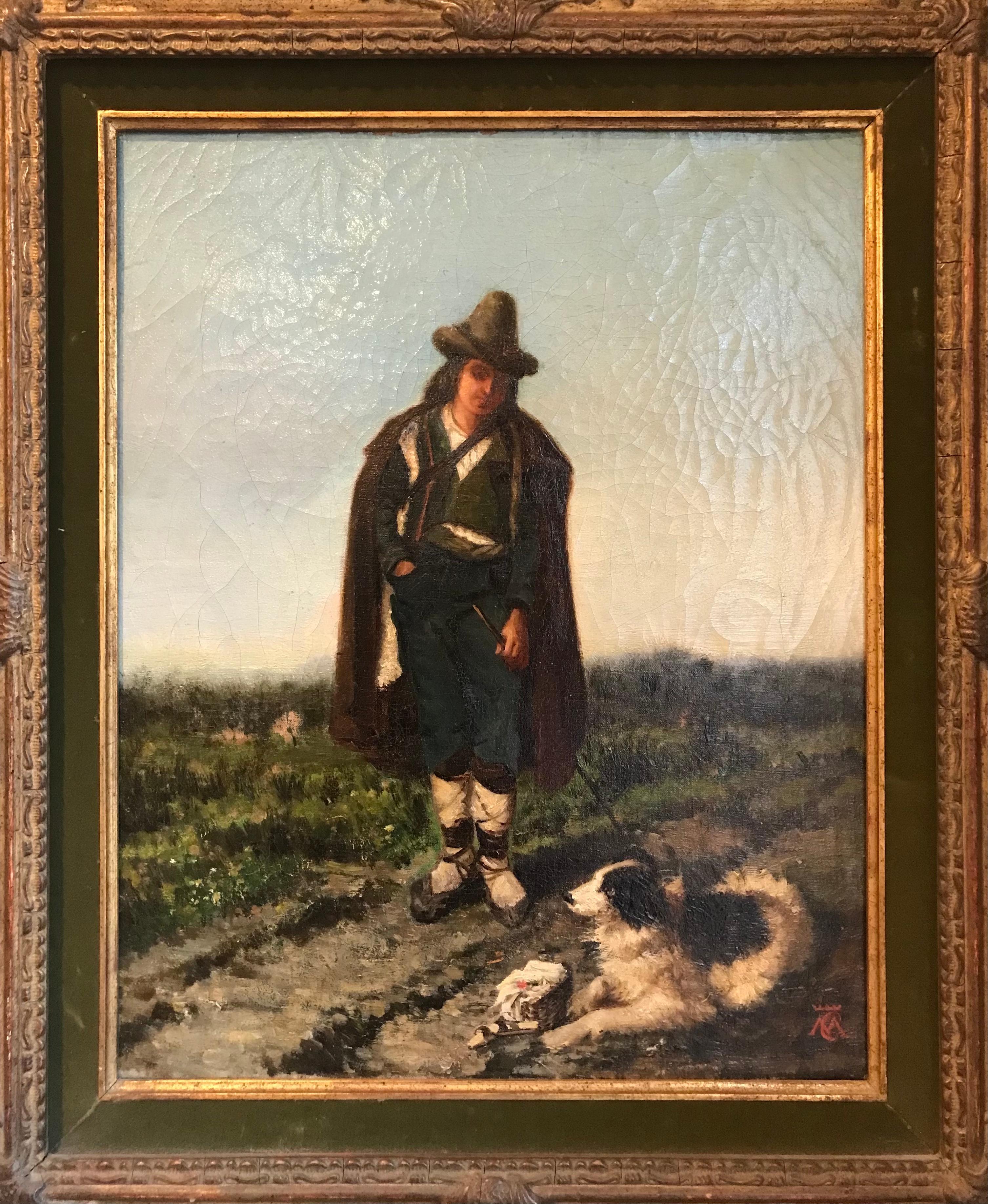 19th Century European Oil Painting of an Old Man and His Dog - Brown Portrait Painting by Unknown