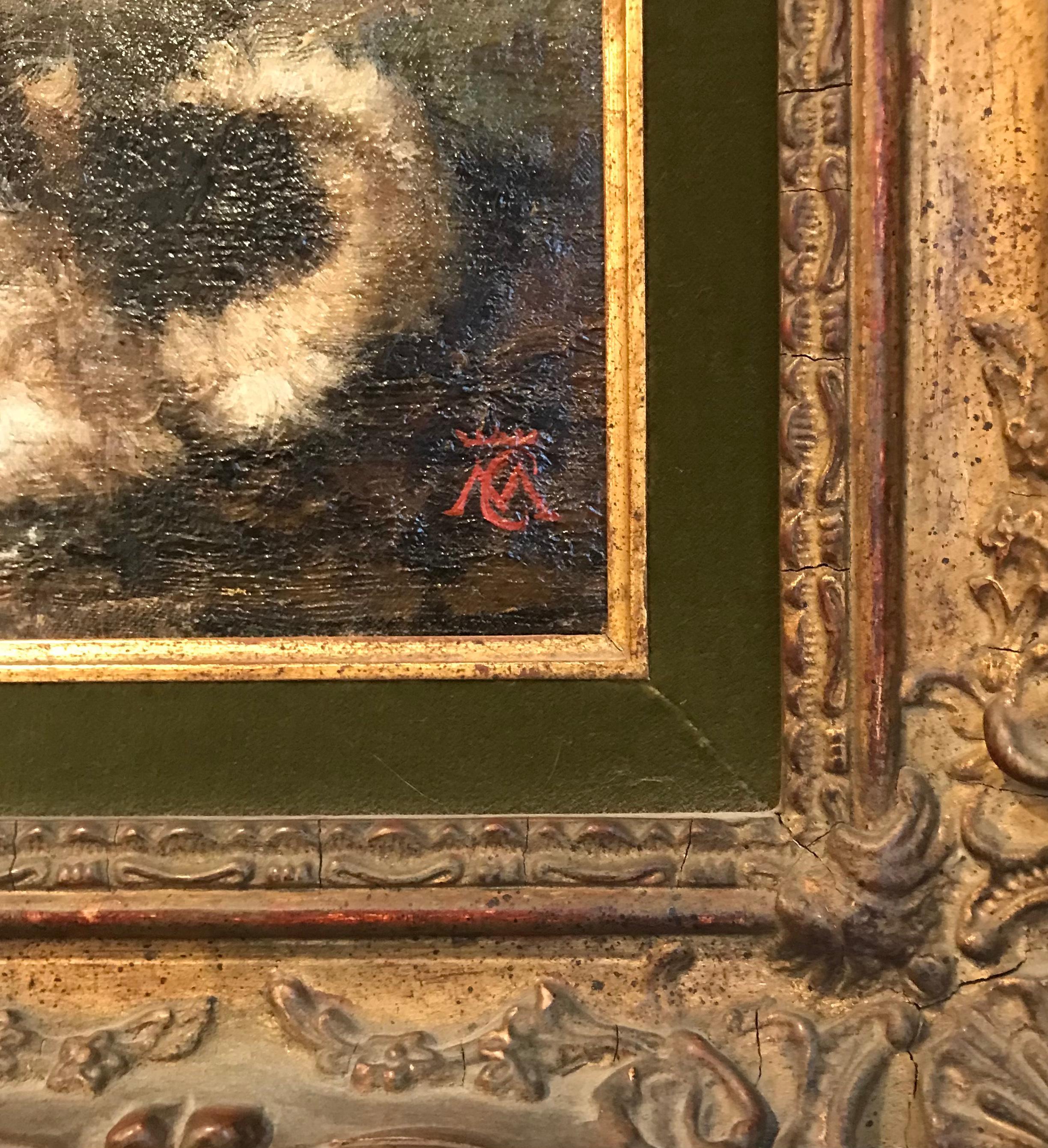 19th century european painting of a man and his dog in a field.

Signed with Crowned monogram MC or CM.

Oil on canvas. 

19th Century.

Framed.

The scene represents and man snd his dog passing a moment in a field. Imagination takes over