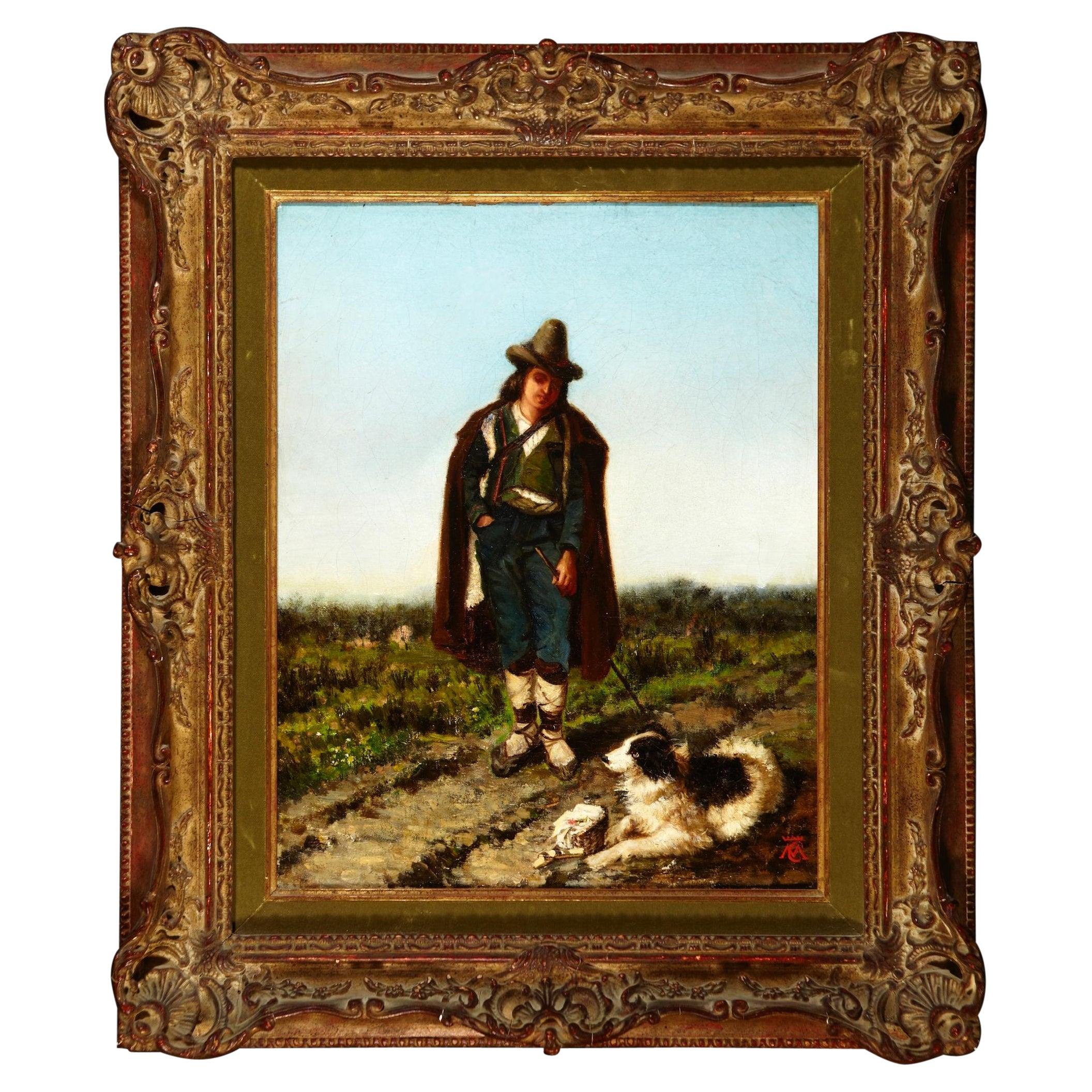Unknown Portrait Painting - 19th Century European Oil Painting of an Old Man and His Dog