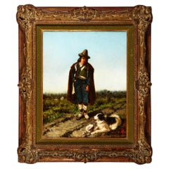 Peinture à l'huile européenne du 19e siècle représentant un vieil homme et son chien