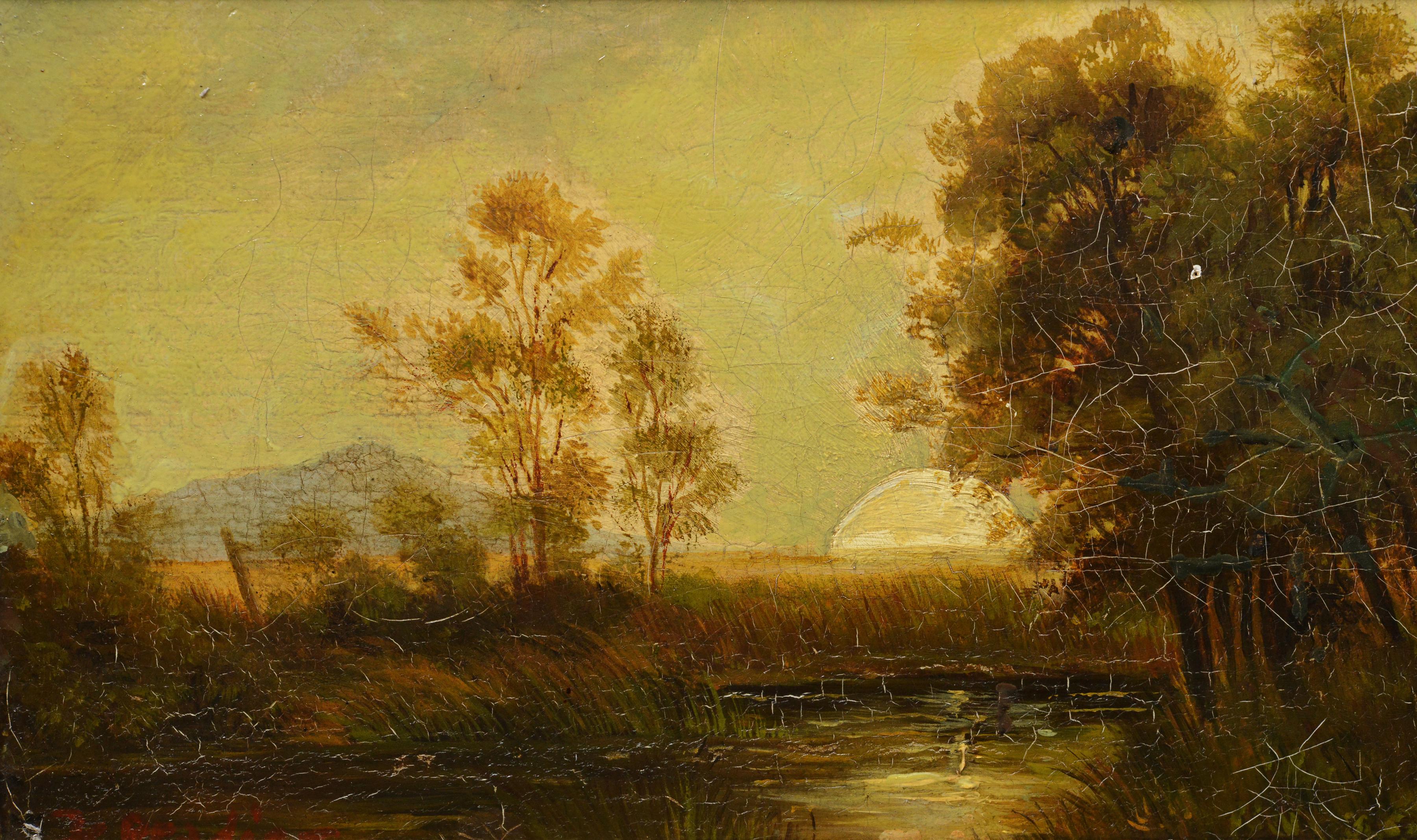 Cuadro al óleo europeo del siglo XIX Paisaje panorámico Amanecer con estanque Enmarcado - Landscape Painting Marrón de Unknown