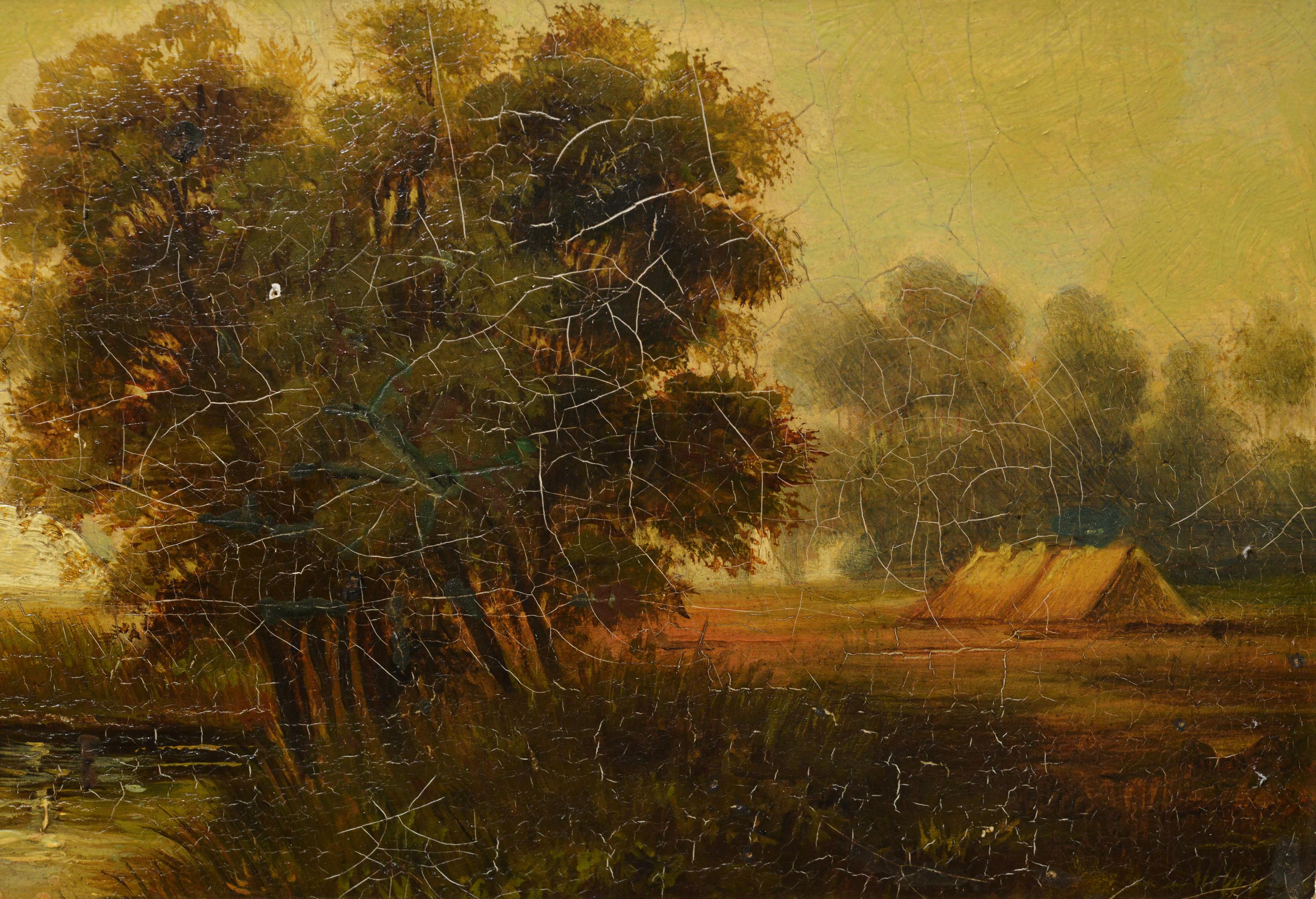 Un atmosférico óleo antiguo sobre lienzo de finales del siglo XIX presenta un radiante amanecer sobre una tranquila campiña. En el centro, un gran disco de sol está medio elevado sobre el horizonte y envía una luz dorada a través de campos