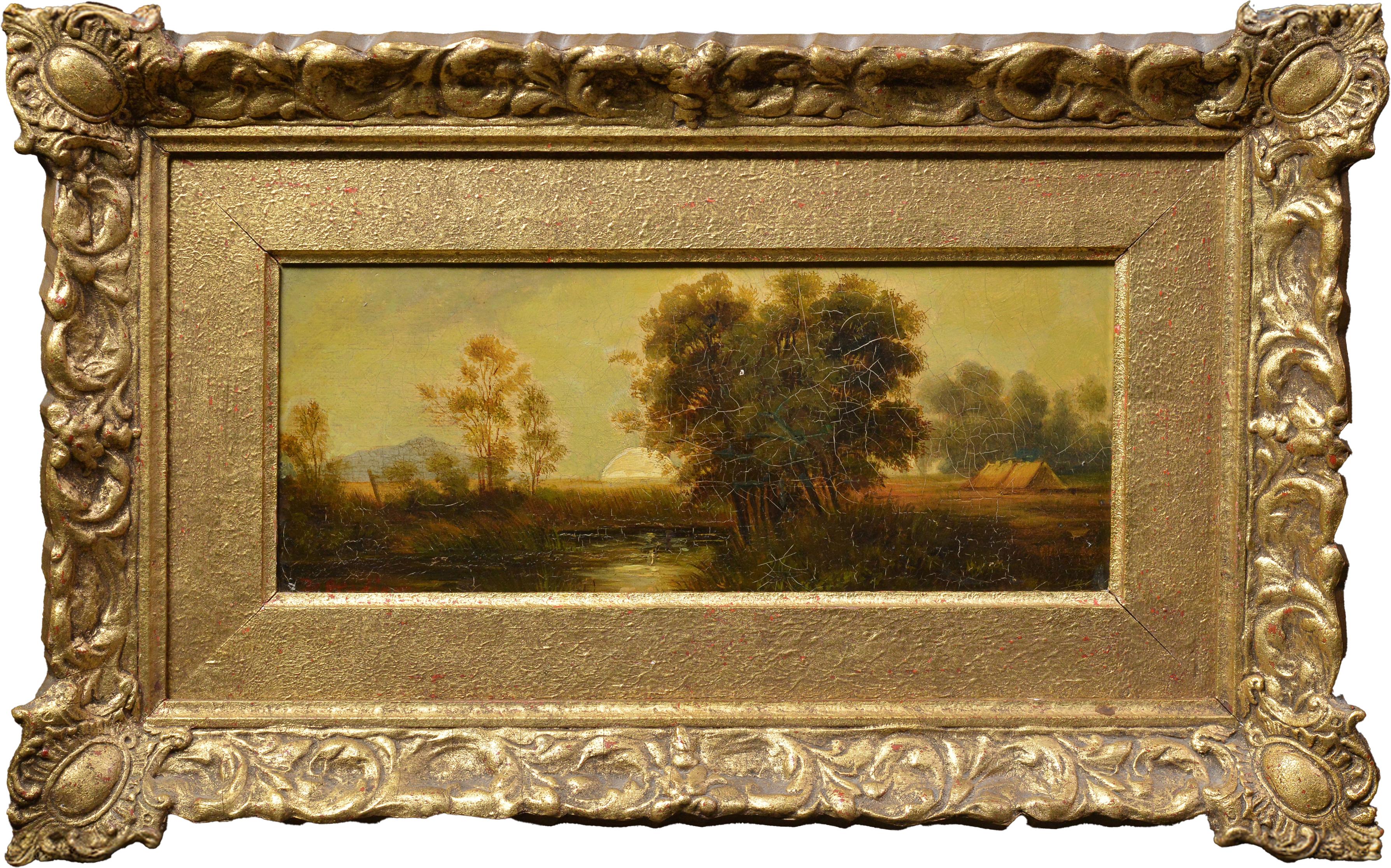 Landscape Painting de Unknown - Cuadro al óleo europeo del siglo XIX Paisaje panorámico Amanecer con estanque Enmarcado