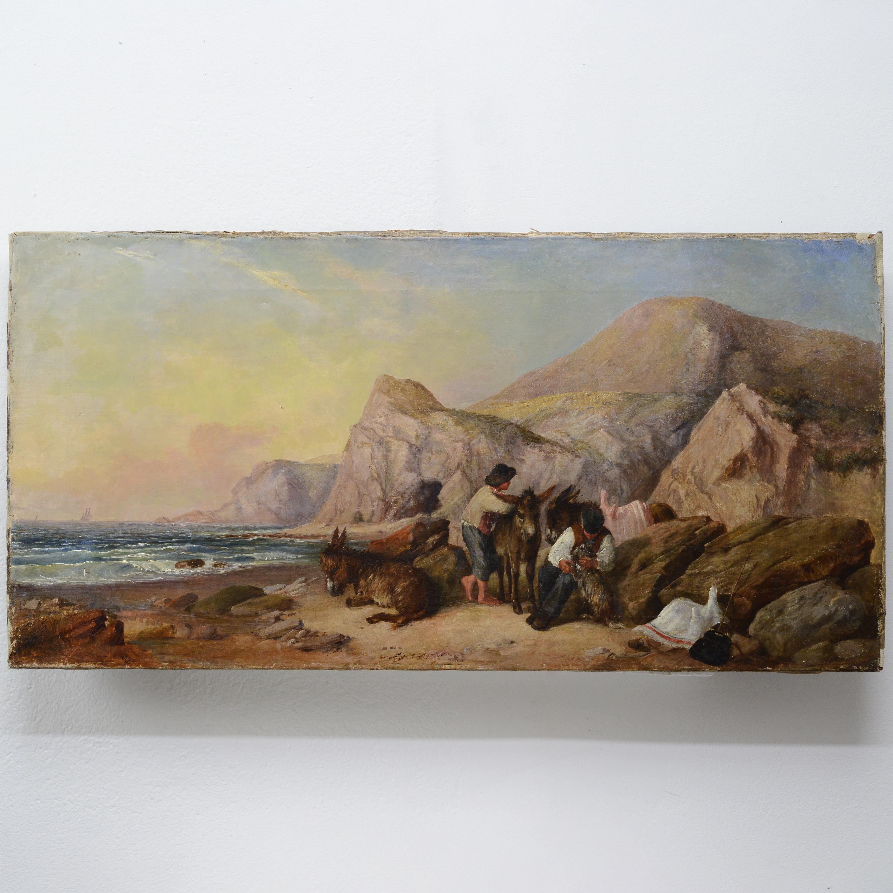 19. Jahrhundert Europäische Panorama-Ölgemälde Seaside Scene Eseltreiber signiert – Painting von Unknown