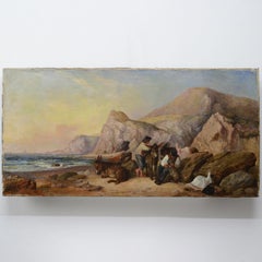 19th Century European Panoramic Oil Painting Seaside Scene Donkey Drivers Signed