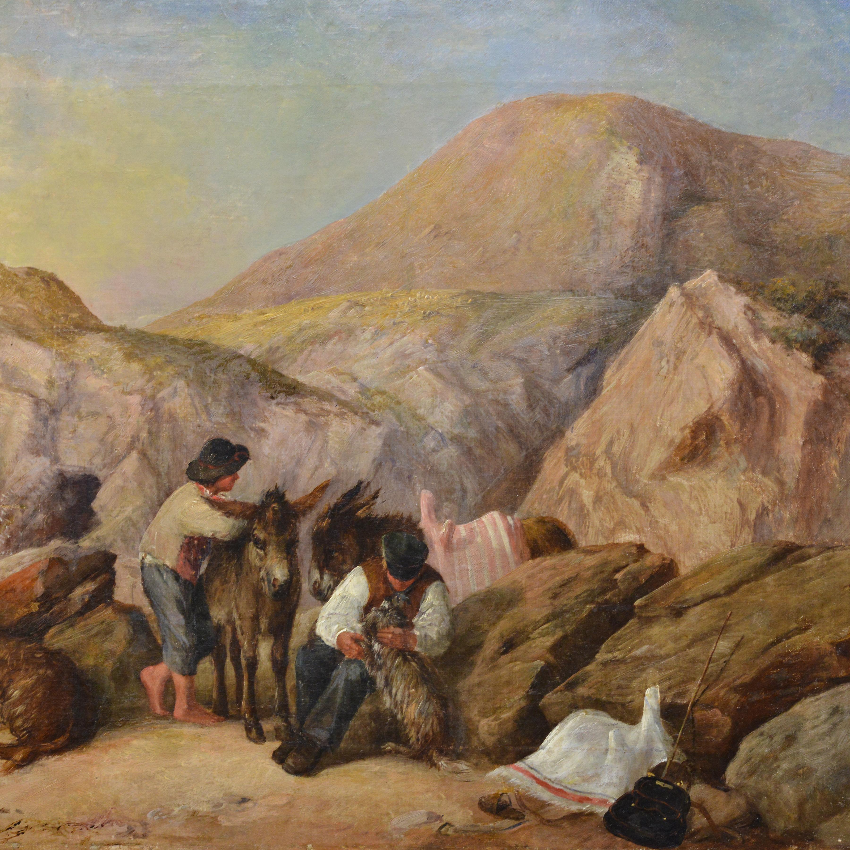 19. Jahrhundert Europäische Panorama-Ölgemälde Seaside Scene Eseltreiber signiert (Realismus), Painting, von Unknown