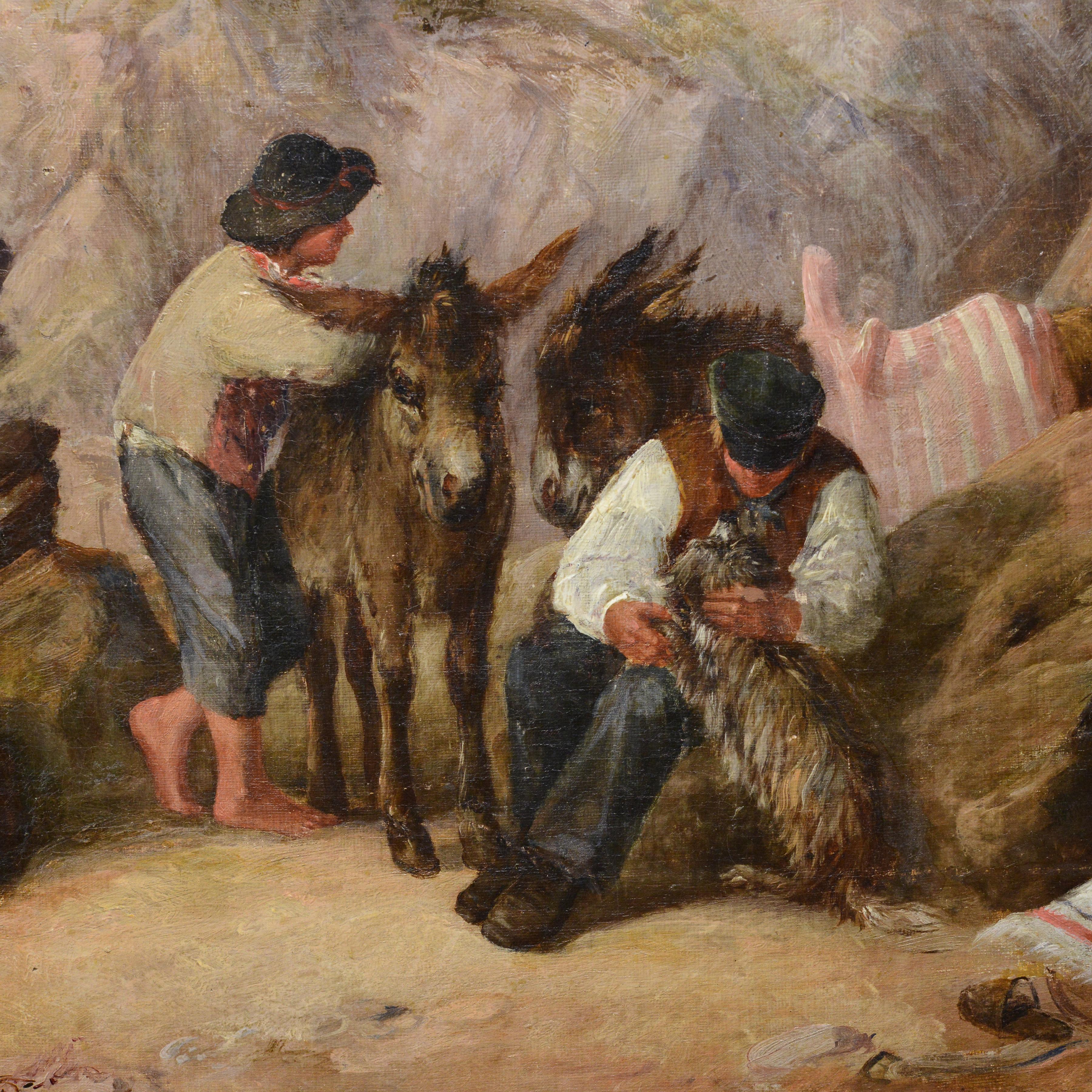 19. Jahrhundert Europäische Panorama-Ölgemälde Seaside Scene Eseltreiber signiert (Braun), Landscape Painting, von Unknown