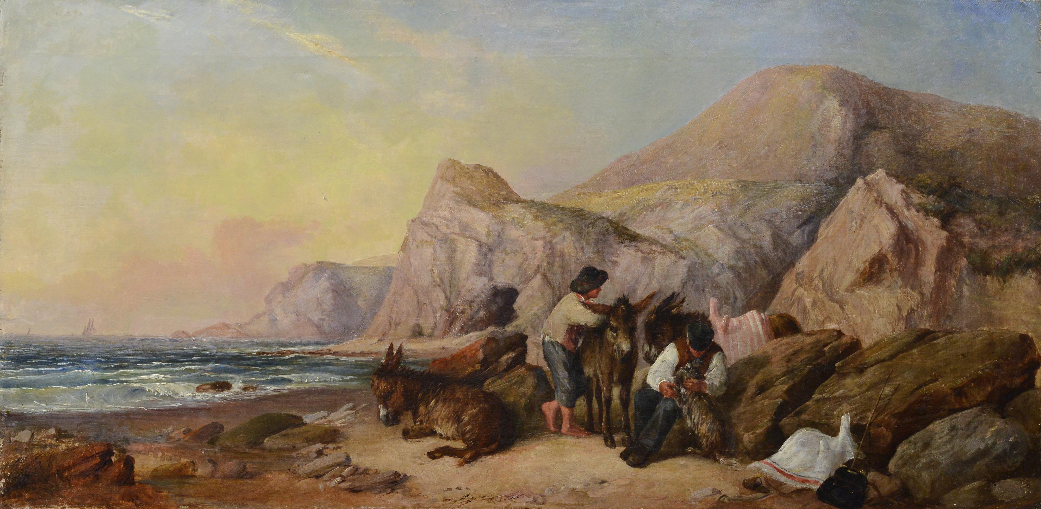 Unknown Landscape Painting – 19. Jahrhundert Europäische Panorama-Ölgemälde Seaside Scene Eseltreiber signiert