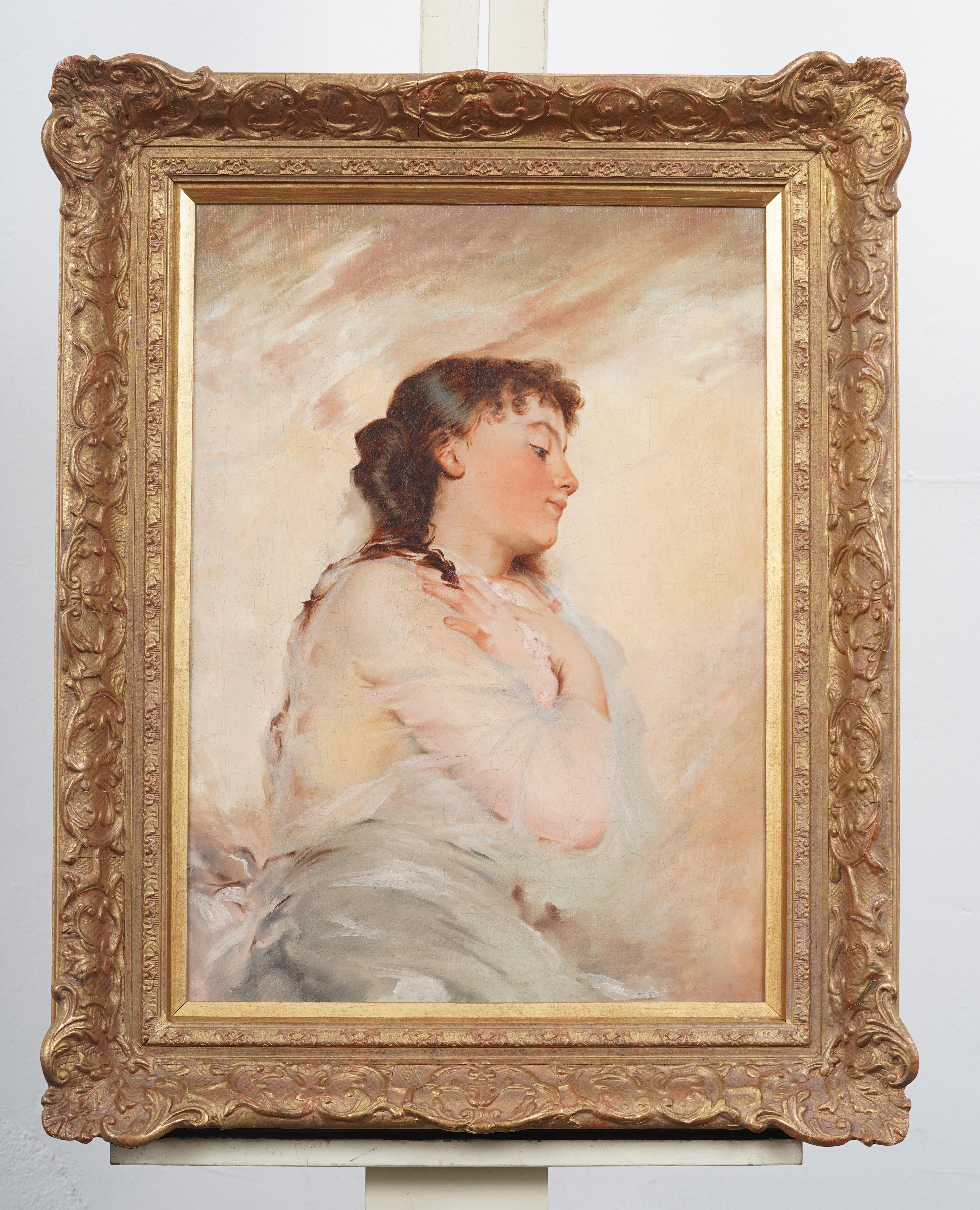 19. Jahrhundert Europäische Realist Jugendstil Junge Frau Porträt Gerahmte Malerei – Painting von Unknown