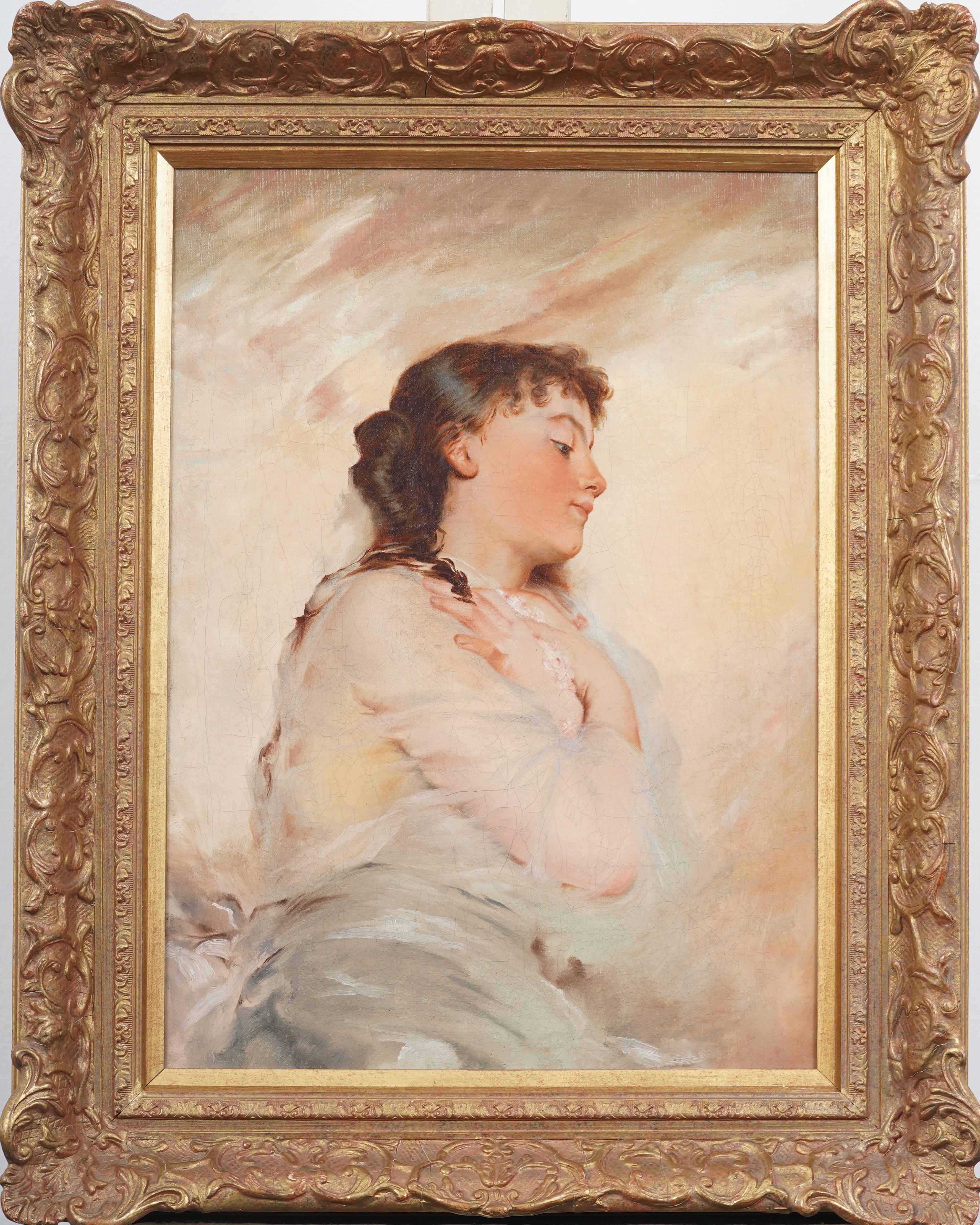 19. Jahrhundert Europäische Realist Jugendstil Junge Frau Porträt Gerahmte Malerei (Realismus), Painting, von Unknown